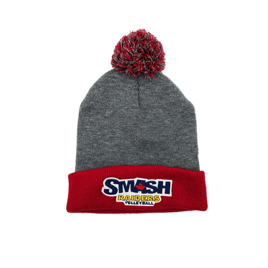 Pom Pom Toque In Red & Grey